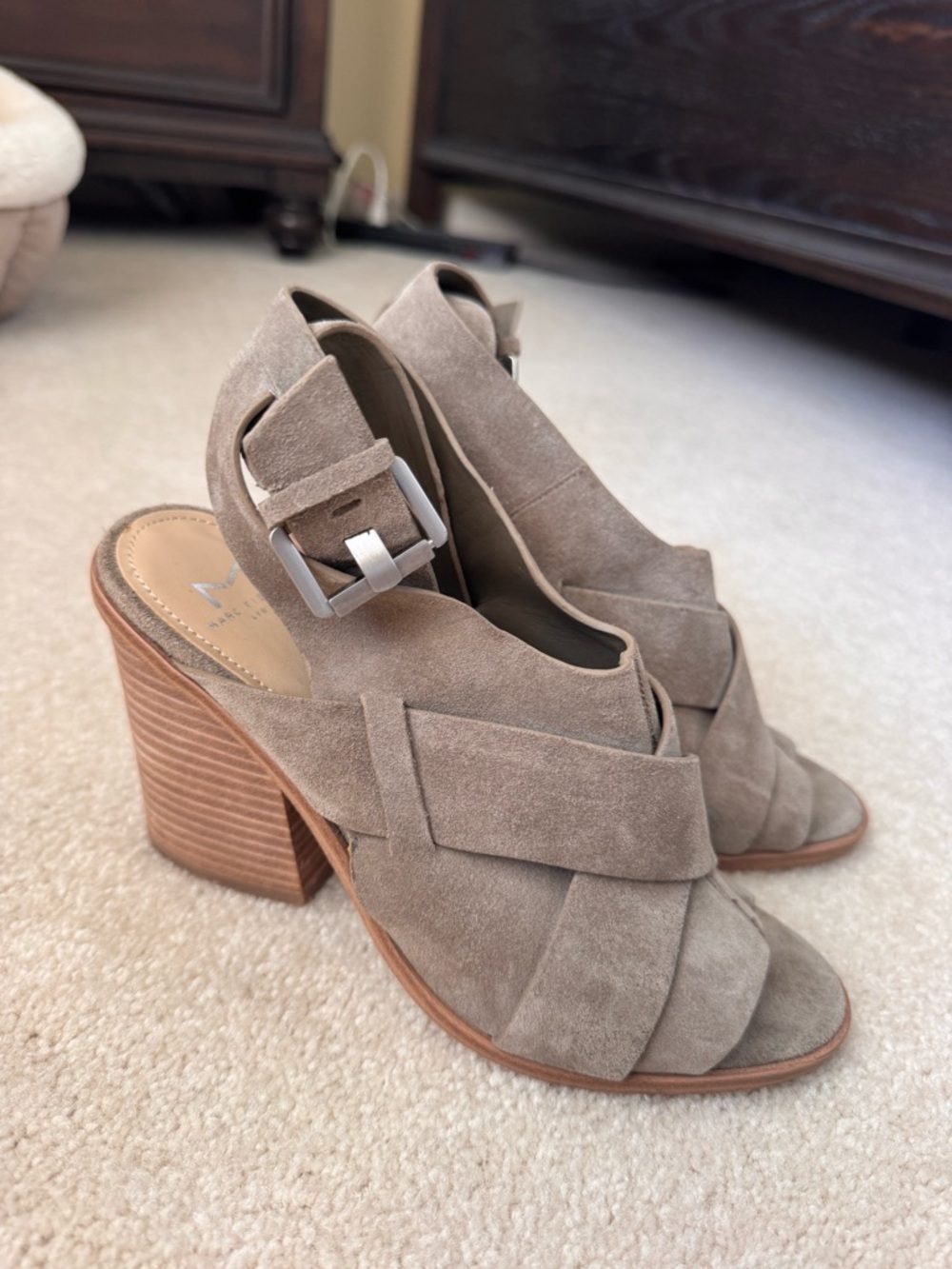Marc Fisher Taupe Suede Crisscross Block Heel Sandals - Picture 2 of 5